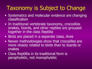 Taxonomy is Subject to Change Systematics and molecular evidence are changing classification In traditional vertebrate taxonomy, crocodiles snakes, lizards, and other reptiles are grouped together in the class Reptilia Birds are placed in a separate class, Aves Newer methodologies show that crocodiles are more closely related to birds than to lizards or snakes Class Reptillia in its traditional form is paraphyletic, not monophyletic 