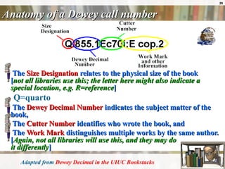 Anatomy of a Dewey call number The  Size Designation  relates to the physical size of the book  [ not all libraries use this; the letter here might also indicate a special location, e.g. R=reference ] Q=quarto The  Dewey Decimal Number  indicates the subject matter of the book,  The  Cutter Number  identifies who wrote the book, and  The  Work Mark  distinguishes multiple works by the same author. [ Again, not all libraries will use this, and they may do  it differently ]  Adapted from  Dewey Decimal in the UIUC  Bookstacks 