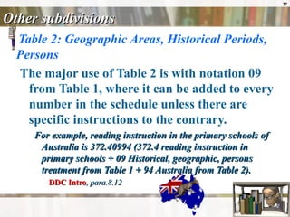 Other subdivisions Table 2: Geographic Areas, Historical Periods, Persons The major use of Table 2 is with notation 09 from Table 1, where it can be added to every number in the schedule unless there are specific instructions to the contrary. For example, reading instruction in the primary schools of Australia is 372.40994 (372.4 reading instruction in primary schools + 09 Historical, geographic, persons treatment from Table 1 + 94 Australia from Table 2). DDC Intro , para.8.12 