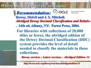 Where should we get the schedules? Recommendation: Dewey, Melvil and J. S. Mitchell.    Abridged Dewey Decimal Classification and Relative Index .  14th ed. Albany, NY:  Forest Press, 2004.   For libraries with collections of 20,000 titles or fewer, the abridged edition of the Dewey Decimal Classification (DDC) system provides the level of detail needed to classify the materials in those collections.  Dewey services  :  Latest versions  :  Abridged Edition 14  http://www.oclc.org/dewey/versions/abridgededition14 