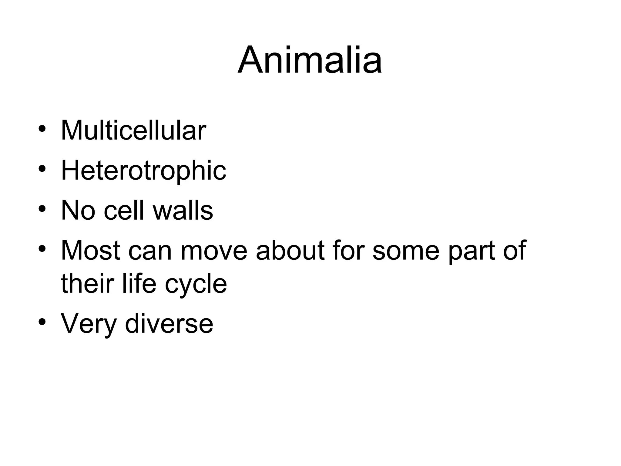 Animalia
• Multicellular
• Heterotrophic
• No cell walls
• Most can move about for some part of
  their life cycle
• Very diverse
 