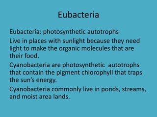 Eubacteria
Eubacteria: photosynthetic autotrophs
Live in places with sunlight because they need
light to make the organic molecules that are
their food.
Cyanobacteria are photosynthetic autotrophs
that contain the pigment chlorophyll that traps
the sun’s energy.
Cyanobacteria commonly live in ponds, streams,
and moist area lands.
 