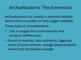 Archaebacteria: The Extremists
Archaebacteria live mainly in extreme habitats
where there is usually no free oxygen available.
Three types of archaebacteria:
1. Live in oxygen-free environments and
produce methane gas.
• Found in marshes, lake sediments, digestive
tracts of some animals, sewage disposal plants
where they breakdown sewage
 