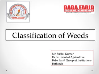 Classification of Weeds
Mr. Sushil Kumar
Department of Agriculture
Baba Farid Group of Institutions
Bathinda
 