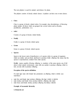 The term phylum is used for animals and division for plants.
The phylum consists of closely related classes. A phylum can have one or more classes.
 Class
Class is a group of closely related orders. For example class dicotyledonae of flowering
plants include all dicots which are grouped into several orders such as Rosales,
passiflorales, pelmoniales e.t.c.
 order
Consists of a group of closely related family.
 Family
Family is a group of closely related genus
 Genus
Genus is a group of closely related species
 Species
Specie is the lowest rank of classification or A species refers to a group of organisms
which are similar and can freely interbreed to produce fertile offspring this means that the
species is reproductively isolated from other species.
Fertile– means capable of having offspring i.e. members of the same species can, if left
alone in their natural environment, mate with one another to produce offspring which in
turn, are also able to produce offspring.
Exception of the species definition.
If a male tiger mate with female lion production an offspring which is fertile (can
reproduce)
 male lion and female tiger produce offspring (the liger )which is infertile
 male donkey and female horse produce infertile offspring (the mule)
 male horse and female donkey produce offspring the (hinny) infertile
Example of taxonomic hierarchy
1. Domestic cat
 