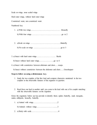 Scale on wings, none scaled wings
Hard outer wings, without hard outer wings
Constricted waist, non constricted waist
Numbered key
1. a) With two wings………………………………………. .Housefly
b) With four wings…………………………………………go to 2
2. a)Scale on wings ………………………………….……..Butterfly
b) No scale on wings …………………………….………go to 3
3. a) Insect with hard outer wings………………………… Beetle
b) Insect without hard outer wings…………………...go to 4
4. a) Insect with constriction between abdomen and chest...…wasps.
b) Insect without constriction between the abdomen and chest……Grasshopper
Steps to follow on using a dichotomous key.
1. Study the two couplets of the first lead and compare characters mentioned in the two
couplets to the observable features of the organism in question.
2. Read from one lead to another until you come to the lead with one of its couplet matching
with the observable features on the organism.
Given the organisms below use key provide to identify them; spider, butterfly, snail, mosquito,
snake, millipede, housefly, butterfly.
1. a) Animal with wings…………………………….…..2
b) Animals without wings………………………....…3
2. a) Body with scale………………………….……..…..4
 