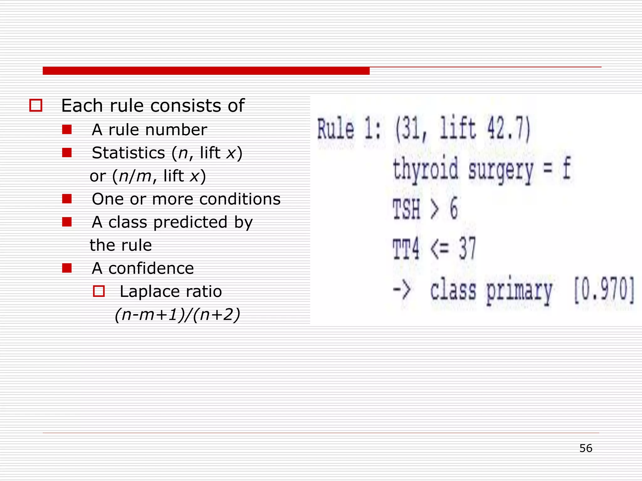56
 Each rule consists of
 A rule number
 Statistics (n, lift x)
or (n/m, lift x)
 One or more conditions
 A class predicted by
the rule
 A confidence
 Laplace ratio
(n-m+1)/(n+2)
 