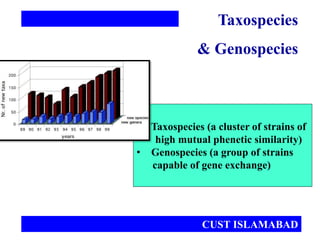 • Taxospecies (a cluster of strains of
high mutual phenetic similarity)
• Genospecies (a group of strains
capable of gene exchange)
Taxospecies
& Genospecies
CUST ISLAMABAD
 
