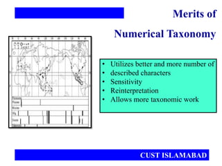 • Utilizes better and more number of
• described characters
• Sensitivity
• Reinterpretation
• Allows more taxonomic work
Merits of
Numerical Taxonomy
CUST ISLAMABAD
 
