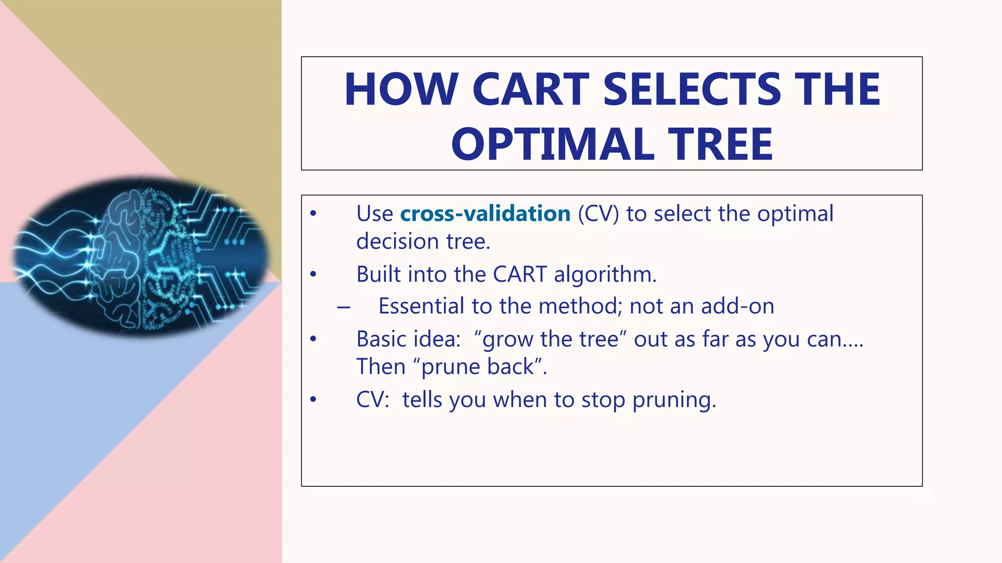 HOW CART SELECTS THE
OPTIMAL TREE
• Use cross-validation (CV) to select the optimal
decision tree.
• Built into the CART algorithm.
– Essential to the method; not an add-on
• Basic idea: “grow the tree” out as far as you can….
Then “prune back”.
• CV: tells you when to stop pruning.
15
 