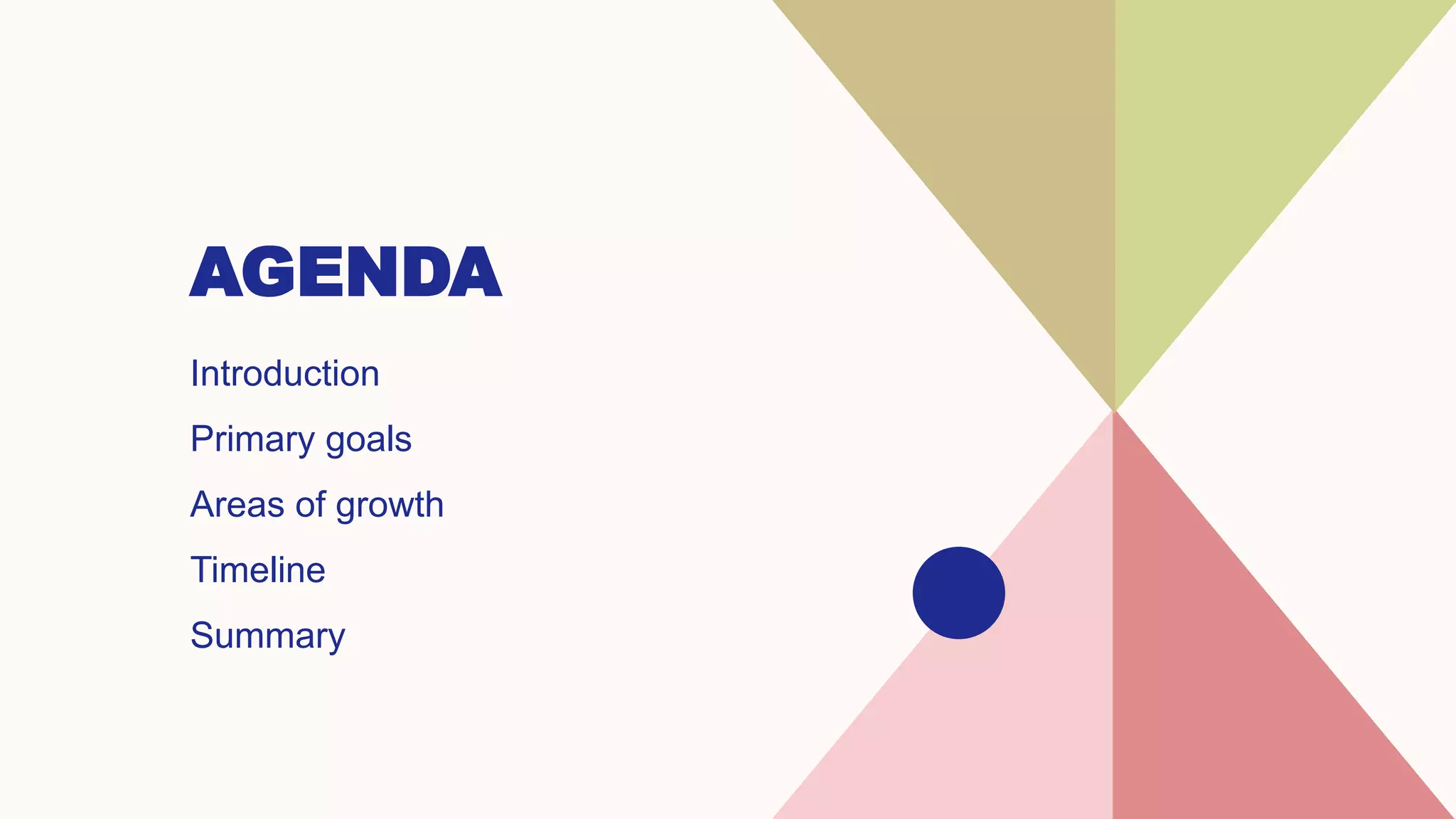 AGENDA
Introduction​
Primary goals
​Areas of growth
Timeline
​Summary​
 