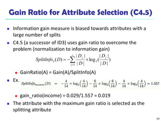 14
Gain Ratio for Attribute Selection (C4.5)
 Information gain measure is biased towards attributes with a
large number of splits
 C4.5 (a successor of ID3) uses gain ratio to overcome the
problem (normalization to information gain)
 GainRatio(A) = Gain(A)/SplitInfo(A)
 Ex.
 gain_ratio(income) = 0.029/1.557 = 0.019
 The attribute with the maximum gain ratio is selected as the
splitting attribute
)
|
|
|
|
(
log
|
|
|
|
)
( 2
1 D
D
D
D
D
SplitInfo
j
v
j
j
A 

 

 