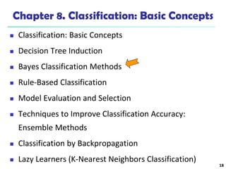 18
Chapter 8. Classification: Basic Concepts
 Classification: Basic Concepts
 Decision Tree Induction
 Bayes Classification Methods
 Rule-Based Classification
 Model Evaluation and Selection
 Techniques to Improve Classification Accuracy:
Ensemble Methods
 Classification by Backpropagation
 Lazy Learners (K-Nearest Neighbors Classification)
 