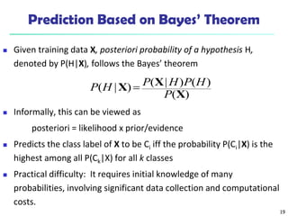 19
Prediction Based on Bayes’ Theorem
 Given training data X, posteriori probability of a hypothesis H,
denoted by P(H|X), follows the Bayes’ theorem
 Informally, this can be viewed as
posteriori = likelihood x prior/evidence
 Predicts the class label of X to be Ci iff the probability P(Ci|X) is the
highest among all P(Ck|X) for all k classes
 Practical difficulty: It requires initial knowledge of many
probabilities, involving significant data collection and computational
costs.
)
(
)
(
)
|
(
)
|
(
X
X
X
P
H
P
H
P
H
P 
 