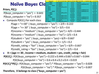 23
Naïve Bayes Classifier: An Example
Priors, P(Ci):
P(buys_computer = “yes”) = 0.643
P(buys_computer = “no”) = 0.357
 Compute P(X|Ci) for each class
P(age = “<=30” | buys_computer = “yes”) = 2/9 = 0.222
P(age = “<= 30” | buys_computer = “no”) = 3/5 = 0.6
P(income = “medium” | buys_computer = “yes”) = 4/9 = 0.444
P(income = “medium” | buys_computer = “no”) = 2/5 = 0.4
P(student = “yes” | buys_computer = “yes) = 6/9 = 0.667
P(student = “yes” | buys_computer = “no”) = 1/5 = 0.2
P(credit_rating = “fair” | buys_computer = “yes”) = 6/9 = 0.667
P(credit_rating = “fair” | buys_computer = “no”) = 2/5 = 0.4
 X = (age <= 30 , income = medium, student = yes, credit_rating = fair)
P(X|Ci) : P(X|buys_computer = “yes”) = 0.222 x 0.444 x 0.667 x 0.667 = 0.044
P(X|buys_computer = “no”) = 0.6 x 0.4 x 0.2 x 0.4 = 0.019
P(X|Ci)*P(Ci) : P(X|buys_computer = “yes”) * P(buys_computer = “yes”) = 0.028
P(X|buys_computer = “no”) * P(buys_computer = “no”) = 0.007
Therefore, X belongs to class (“buys_computer = yes”)
age income student
credit_rating
buys_comp
<=30 high no fair no
<=30 high no excellent no
31…40 high no fair yes
>40 medium no fair yes
>40 low yes fair yes
>40 low yes excellent no
31…40 low yes excellent yes
<=30 medium no fair no
<=30 low yes fair yes
>40 medium yes fair yes
<=30 medium yes excellent yes
31…40 medium no excellent yes
31…40 high yes fair yes
>40 medium no excellent no
 