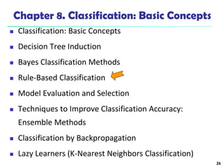 26
Chapter 8. Classification: Basic Concepts
 Classification: Basic Concepts
 Decision Tree Induction
 Bayes Classification Methods
 Rule-Based Classification
 Model Evaluation and Selection
 Techniques to Improve Classification Accuracy:
Ensemble Methods
 Classification by Backpropagation
 Lazy Learners (K-Nearest Neighbors Classification)
 