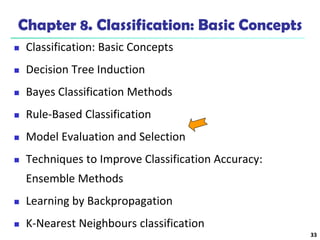 33
Chapter 8. Classification: Basic Concepts
 Classification: Basic Concepts
 Decision Tree Induction
 Bayes Classification Methods
 Rule-Based Classification
 Model Evaluation and Selection
 Techniques to Improve Classification Accuracy:
Ensemble Methods
 Learning by Backpropagation
 K-Nearest Neighbours classification
 