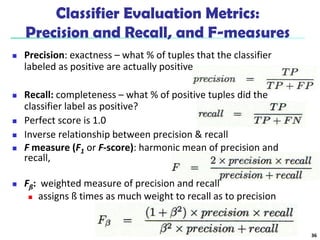 Classifier Evaluation Metrics:
Precision and Recall, and F-measures
 Precision: exactness – what % of tuples that the classifier
labeled as positive are actually positive
 Recall: completeness – what % of positive tuples did the
classifier label as positive?
 Perfect score is 1.0
 Inverse relationship between precision & recall
 F measure (F1 or F-score): harmonic mean of precision and
recall,
 Fß: weighted measure of precision and recall
 assigns ß times as much weight to recall as to precision
36
 