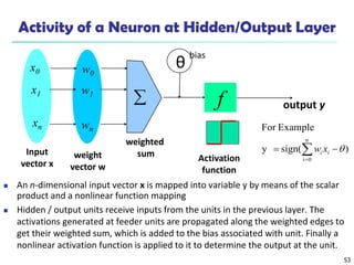 53
Activity of a Neuron at Hidden/Output Layer
 An n-dimensional input vector x is mapped into variable y by means of the scalar
product and a nonlinear function mapping
 Hidden / output units receive inputs from the units in the previous layer. The
activations generated at feeder units are propagated along the weighted edges to
get their weighted sum, which is added to the bias associated with unit. Finally a
nonlinear activation function is applied to it to determine the output at the unit.
θ
f
weighted
sum
Input
vector x
output y
Activation
function
weight
vector w

w0
w1
wn
x0
x1
xn
)
sign(
y
Example
For
n
0
i


 

i
i x
w
bias
 
