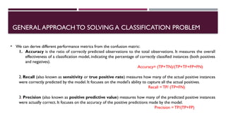 GENERAL APPROACHTO SOLVING A CLASSIFICATION PROBLEM
• We can derive different performance metrics from the confusion matric:
1. Accuracy is the ratio of correctly predicted observations to the total observations. It measures the overall
effectiveness of a classification model, indicating the percentage of correctly classified instances (both positives
and negatives).
Accuracy= (TP+TN)/(TP+TF+FP+FN)
2. Recall (also known as sensitivity or true positive rate) measures how many of the actual positive instances
were correctly predicted by the model. It focuses on the model's ability to capture all the actual positives.
Recall = TP/ (TP+FN)
3. Precision (also known as positive predictive value) measures how many of the predicted positive instances
were actually correct. It focuses on the accuracy of the positive predictions made by the model.
Precision = TP/(TP+FP)
 