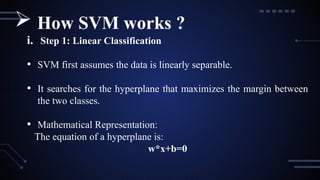 i. Step 1: Linear Classification
• SVM first assumes the data is linearly separable.
• It searches for the hyperplane that maximizes the margin between
the two classes.
• Mathematical Representation:
The equation of a hyperplane is:
w*x+b=0
 How SVM works ?
 