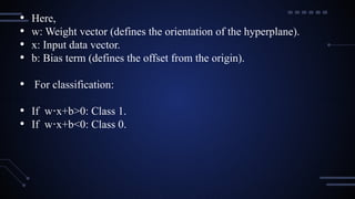 • Here,
• w: Weight vector (defines the orientation of the hyperplane).
• x: Input data vector.
• b: Bias term (defines the offset from the origin).
• For classification:
• If w x+b>0: Class 1.
⋅
• If w x+b<0: Class 0.
⋅
 