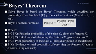 ● Naive Bayes is based on Bayes’ Theorem, which describes the
probability of a class label (C) given a set of features (X = x1, x2, ....,
xn).
● Bayes Theorem Formula :
● Where:
● P(C X): Posterior probability of the class C, given the features X.
∣
● P(X C): Likelihood of observing the features X, given the class C.
∣
● P(C): Prior probability of the class C (class distribution in the dataset).
● P(X): Evidence or total probability of observing the features X (acts as
a normalizing constant).
Bayes’ Theorem
 