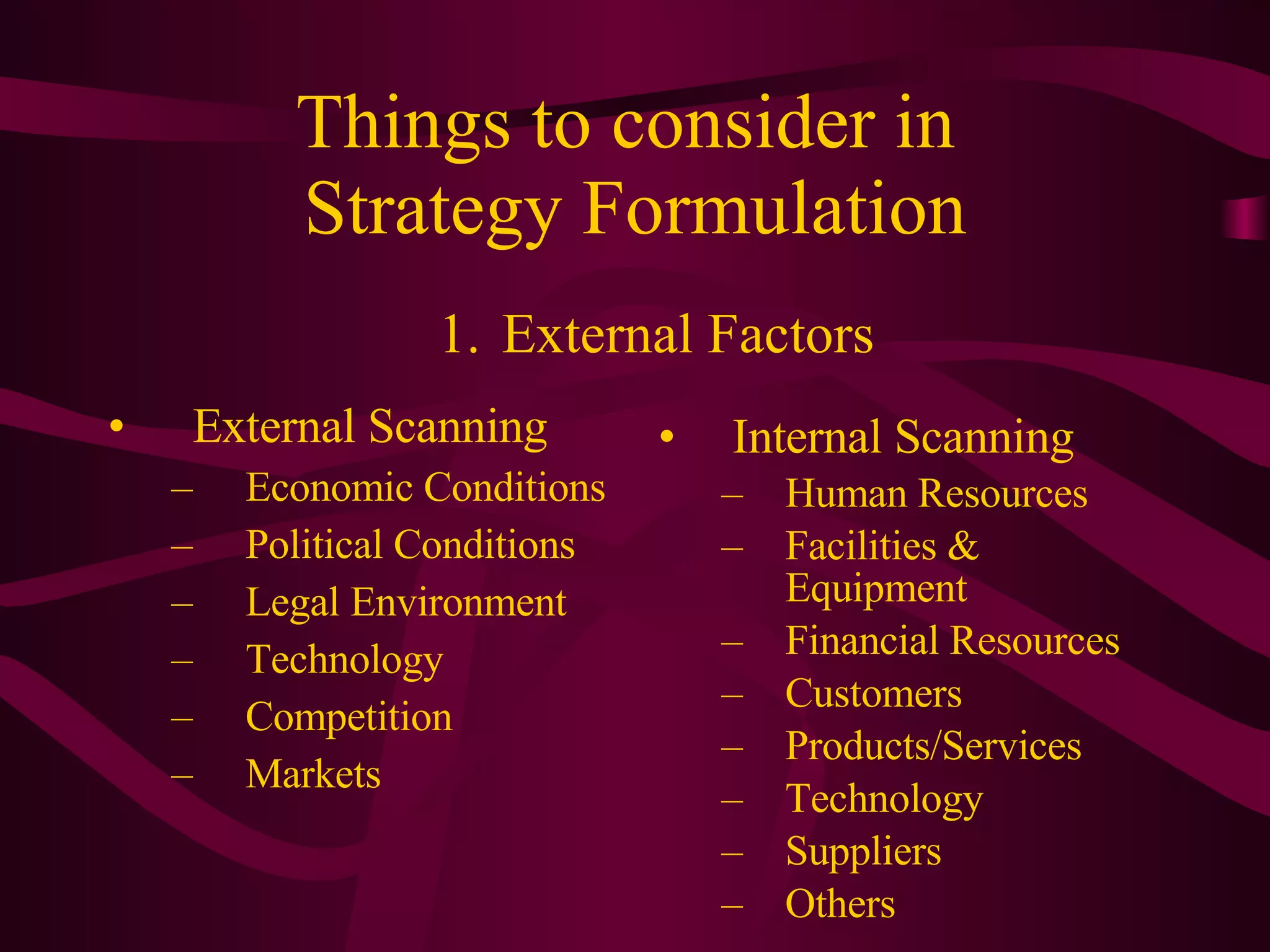 Things to consider in  Strategy Formulation External Scanning Economic Conditions Political Conditions Legal Environment Technology Competition Markets Internal Scanning Human Resources Facilities & Equipment Financial Resources Customers Products/Services Technology Suppliers Others External Factors 
