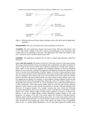 International Journal of Managing Information Technology (IJMIT) Vol.3, No.1, February 2011
38
Figure 1: Relations between the data mining techniques used in this thesis and the applications
generated.
Maintainability: The costs associated to the system maintenance must be low.
Variability: The user’s preferences change in the course of time. This user click feature is due
to two main factors: changes in the user’s interests and elaboration of new documents with
contents that can be interesting to the users. The applications must reflect the changes in the
user’s interests in order to produce quality answer lists.
Scalability: The applications designed must be able to manage huge document collections,
efficiently.
User’s click data analysis: The analysis of the user’s click data is known as Web usage mining.
Web usage mining literature focuses on techniques that could predict user behavior patterns in
order to improve the success of Web sites in general, modifying for example, their interfaces.
Some studies are also focused on applying soft computing techniques to discover interesting
patterns in users click data, working with vagueness and imprecision in the data. Other kind of
works is focused on the identification of hidden relations in the data. Typical problems related
are user sessions and robot sessions identification. Web usage mining studies could be classified
into two categories: those based on the server side and those based on the client side. Studies
based on the client side retrieve data from the user using cookies or other methods, such as ad-
hoc logging browser plugins. For example, in recent proposes mining techniques to process data
retrieved from the client side using panel logs. Panel logs, such as TV audience ratings, cover a
broad URL space from the client side. As a main contribution, they could study global behavior
in Web communities. Web usage mining studies based on server log data present statistical
analysis in order to discover rules and non trivial patterns in the data. The main problem is the
discovery of navigation patterns. For example, assumes that users choose the following
document determined by the last few documents visited, concluding how well Markov models
predict user’s clicks. Similar studies consider longer sequences of requests to predict user
behavior or the use of hidden Markov models introducing complex models of user click
prediction. An analysis of the Alta Vista search engine log, focused on individual queries,
duplicate queries and the correlation between query terms. As a main result, authors show that
users type short queries and select very few documents in their sessions. Similar studies analyze
other commercial search engine logs. These works address the analysis from an aggregated
point of view, i.e., present global distributions over the data. Other approaches include novel
 