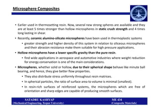 Microsphere Composites
• Earlier used in thermosetting resin. Now, several new strong spheres are available and they
are at least 5 times stronger than hollow microspheres in static crush strength and 4 times
long lasting in shear.
• Recently, ceramic alumino-silicate microspheres have been used in thermoplastic systems
• greater strength and higher density of this system in relation to siliceous microspheres
and their abrasion resistance make them suitable for high pressure applications.
• Hollow microspheres have a lower specific gravity than the pure resin.
• find wide applications in aerospace and automotive industries where weight reduction
SATADRU KASHYAP ME 434
(Mechanical Engineering, Tezpur University) (Composite Materials)
• find wide applications in aerospace and automotive industries where weight reduction
for energy conservation is one of the main considerations.
• Microspheres, whether solid or hollow, due to their spherical shape behave like minute ball
bearing, and hence, they give better flow properties.
• They also distribute stress uniformly throughout resin matrices.
• In spherical particles, the ratio of surface area to volume is minimal (smallest).
• In resin-rich surfaces of reinforced systems, the microspheres which are free of
orientation and sharp edges are capable of producing smooth surfaces.
 