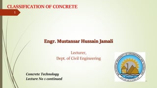 3/28/2024
1
CLASSIFICATION OF CONCRETE
Engr. Mustansar Hussain Jamali
Lecturer,
Dept. of Civil Engineering
Concrete Technology
Lecture No 1 continued
 