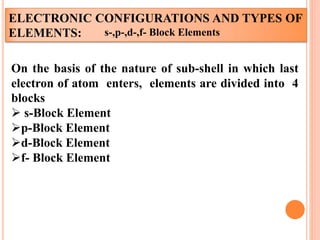 ELECTRONIC CONFIGURATIONS AND TYPES OF
ELEMENTS:
On the basis of the nature of sub-shell in which last
electron of atom enters, elements are divided into 4
blocks
 s-Block Element
p-Block Element
d-Block Element
f- Block Element
s-,p-,d-,f- Block Elements
 