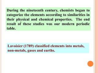 Lavoisier (1789) classified elements into metals,
non-metals, gases and earths.
During the nineteenth century, chemists began to
categorize the elements according to similarities in
their physical and chemical properties. The end
result of these studies was our modern periodic
table.
 