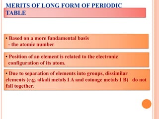 • Based on a more fundamental basis
- the atomic number
• Position of an element is related to the electronic
configuration of its atom.
• Due to separation of elements into groups, dissimilar
elements (e.g. alkali metals I A and coinage metals I B) do not
fall together.
MERITS OF LONG FORM OF PERIODIC
TABLE
 