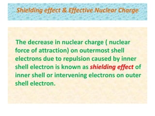 Shielding effect & Effective Nuclear Charge
The decrease in nuclear charge ( nuclear
force of attraction) on outermost shell
electrons due to repulsion caused by inner
shell electron is known as shielding effect of
inner shell or intervening electrons on outer
shell electron.
 
