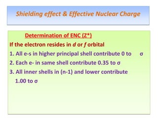 Determination of ENC (Z*)
If the electron resides in d or f orbital
1. All e-s in higher principal shell contribute 0 to σ
2. Each e- in same shell contribute 0.35 to σ
3. All inner shells in (n-1) and lower contribute
1.00 to σ
Shielding effect & Effective Nuclear Charge
 