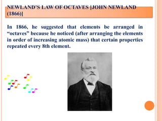In 1866, he suggested that elements be arranged in
“octaves” because he noticed (after arranging the elements
in order of increasing atomic mass) that certain properties
repeated every 8th element.
NEWLAND’S LAW OF OCTAVES [JOHN NEWLAND
(1866)]
 