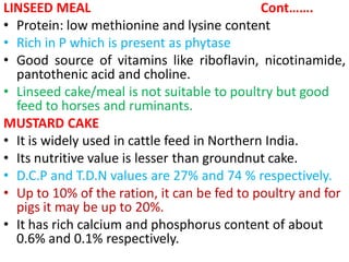 LINSEED MEAL Cont…….
• Protein: low methionine and lysine content
• Rich in P which is present as phytase
• Good source of vitamins like riboflavin, nicotinamide,
pantothenic acid and choline.
• Linseed cake/meal is not suitable to poultry but good
feed to horses and ruminants.
MUSTARD CAKE
• It is widely used in cattle feed in Northern India.
• Its nutritive value is lesser than groundnut cake.
• D.C.P and T.D.N values are 27% and 74 % respectively.
• Up to 10% of the ration, it can be fed to poultry and for
pigs it may be up to 20%.
• It has rich calcium and phosphorus content of about
0.6% and 0.1% respectively.
 