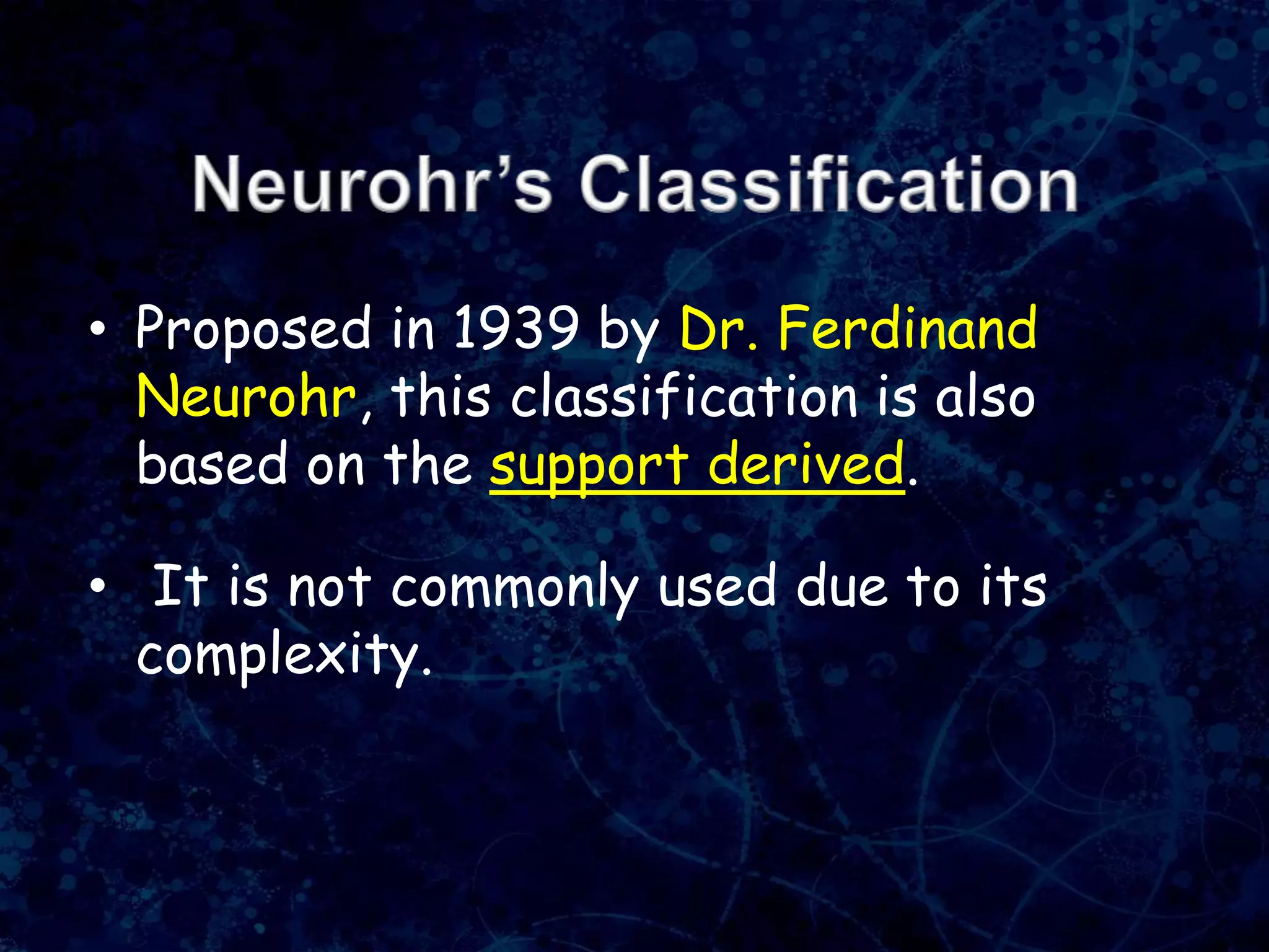 • Proposed in 1939 by Dr. Ferdinand
Neurohr, this classification is also
based on the support derived.
• It is not commonly used due to its
complexity.
 