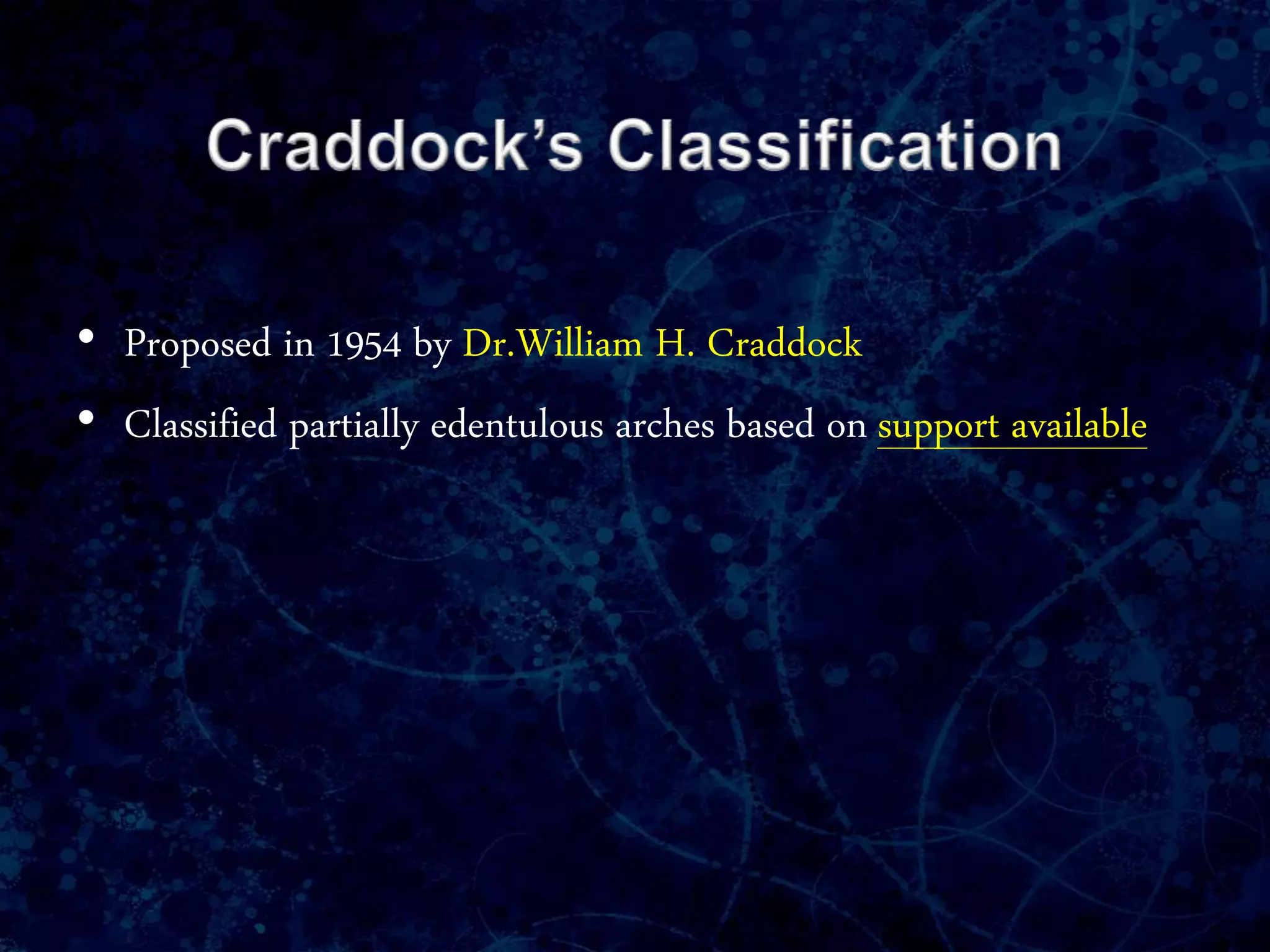 • Proposed in 1954 by Dr.William H. Craddock
• Classified partially edentulous arches based on support available
 
