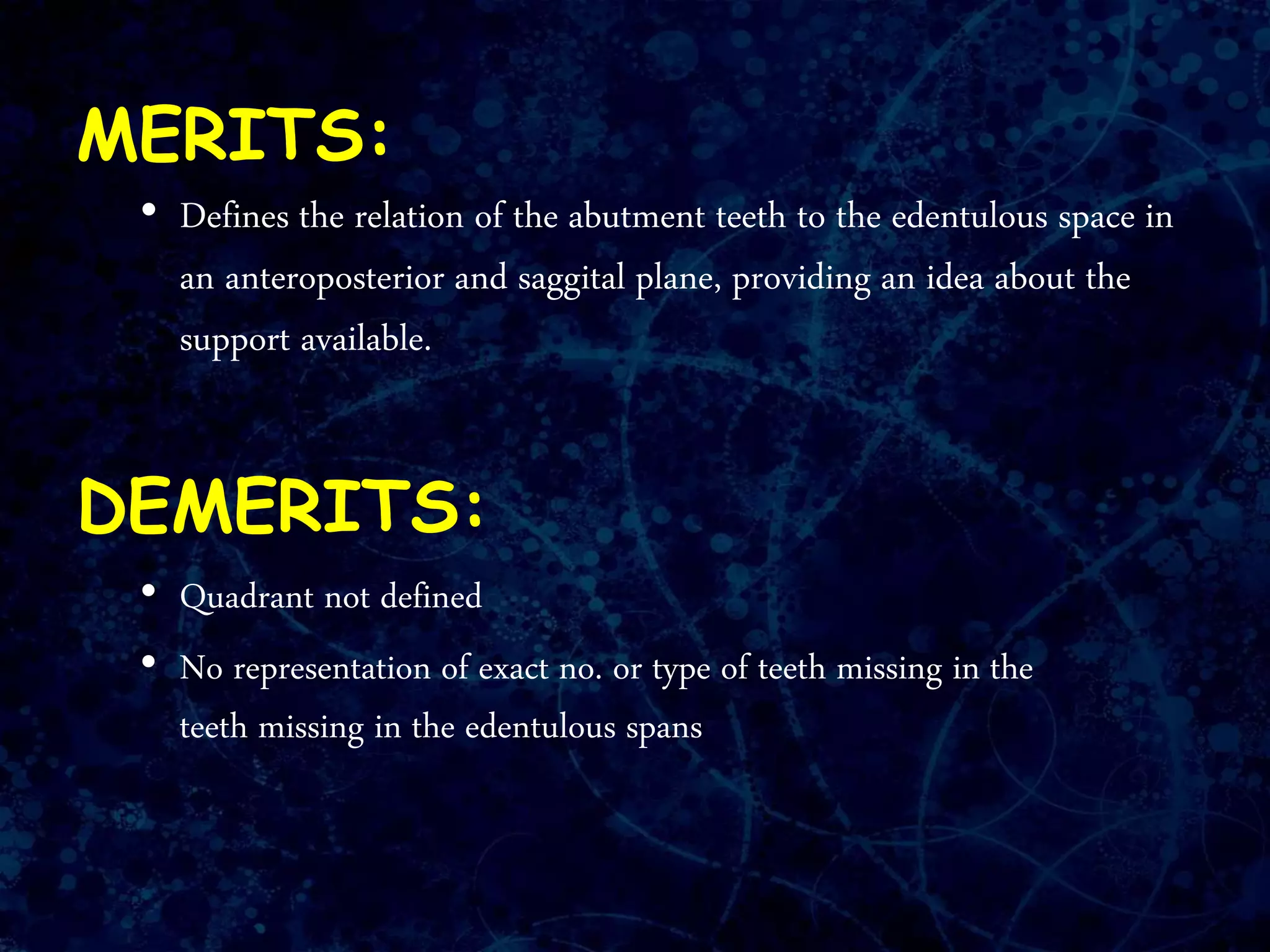 MERITS:
• Defines the relation of the abutment teeth to the edentulous space in
an anteroposterior and saggital plane, providing an idea about the
support available.
DEMERITS:
• Quadrant not defined
• No representation of exact no. or type of teeth missing in the
teeth missing in the edentulous spans
 