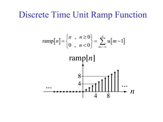Discrete Time Unit Ramp Function
   
, 0
ramp u 1
0 , 0
n
m
n n
n m
n 
 
   
 

 