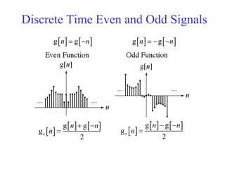 Discrete Time Even and Odd Signals
 
   g g
g
2
e
n n
n
 
  
   g g
g
2
o
n n
n
 

   g gn n     g gn n  
 