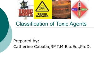 Classification of Toxic Agents
Prepared by:
Catherine Cababa,RMT,M.Bio.Ed.,Ph.D.
 