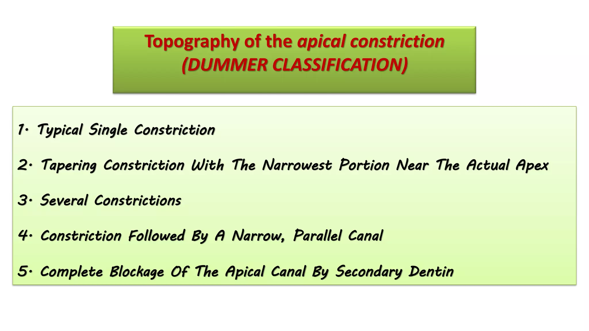 Topography of the apical constriction
(DUMMER CLASSIFICATION)
1. Typical Single Constriction
2. Tapering Constriction With The Narrowest Portion Near The Actual Apex
3. Several Constrictions
4. Constriction Followed By A Narrow, Parallel Canal
5. Complete Blockage Of The Apical Canal By Secondary Dentin
 