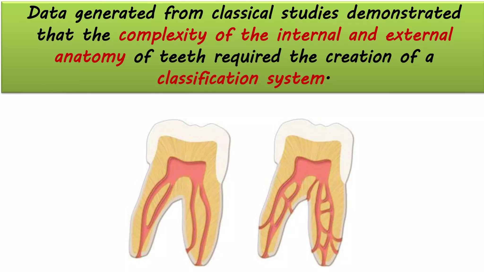 Data generated from classical studies demonstrated
that the complexity of the internal and external
anatomy of teeth required the creation of a
classification system.
 