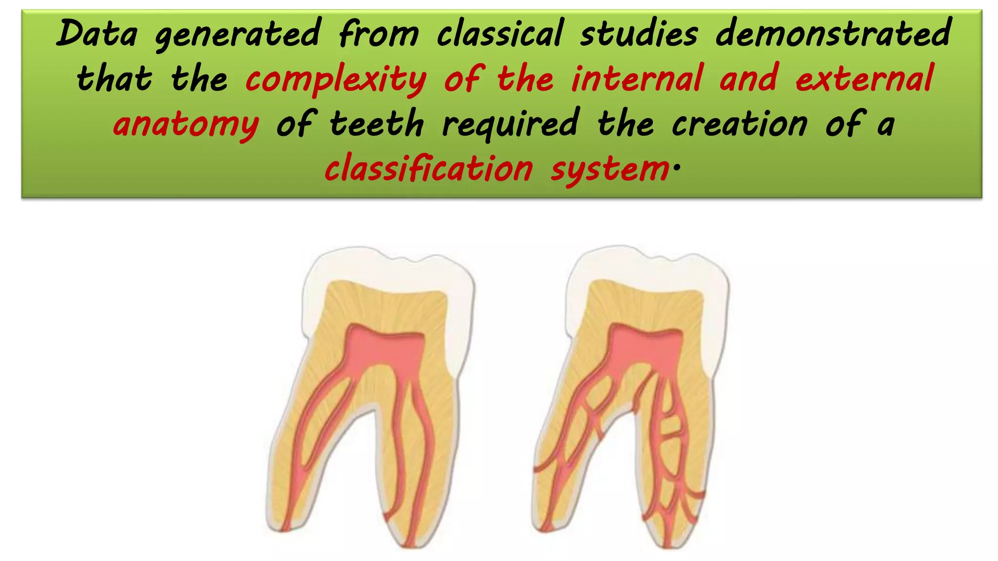Data generated from classical studies demonstrated
that the complexity of the internal and external
anatomy of teeth required the creation of a
classification system.
 