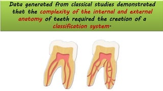 Data generated from classical studies demonstrated
that the complexity of the internal and external
anatomy of teeth required the creation of a
classification system.
 