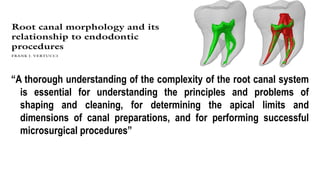 Introduction
“A thorough understanding of the complexity of the root canal system
is essential for understanding the principles and problems of
shaping and cleaning, for determining the apical limits and
dimensions of canal preparations, and for performing successful
microsurgical procedures”
 