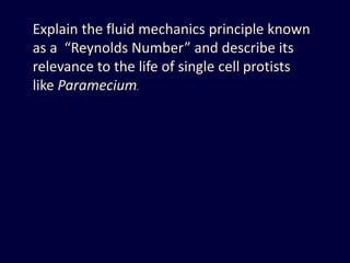 Explain the fluid mechanics principle known
as a “Reynolds Number” and describe its
relevance to the life of single cell protists
like Paramecium.
 
